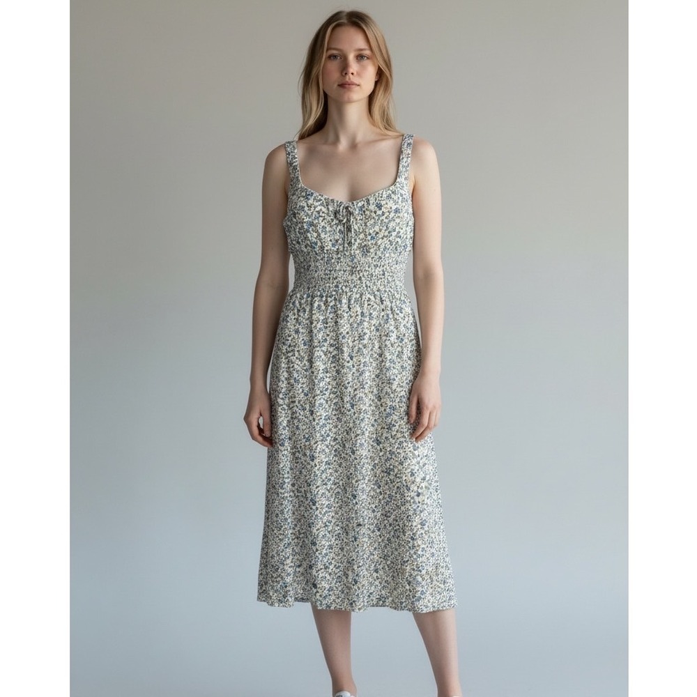Reformation Midi Dress Women 4 Blue White Floral Excellent Smocked Sweetheart